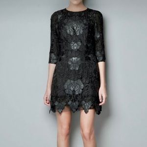 ZARA Lace & Leather Black Floral Pattern DRESS M